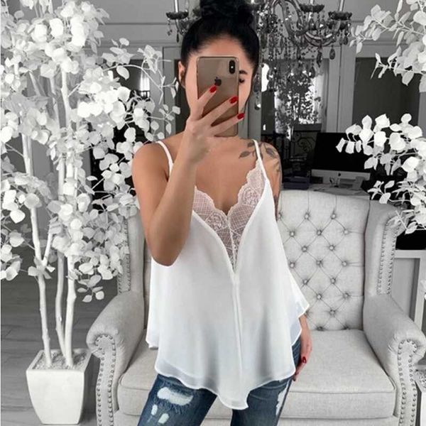 

women loose camisole vest lace neck sleeveless strappy chiffon cami tees female v neck loose shirt, White
