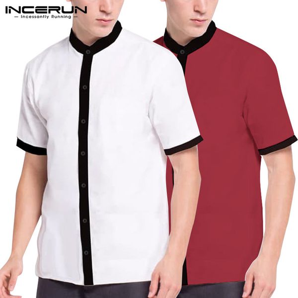 

мужчины лоскутное с коротким рукавом рубашки повседневные стенд воротник рубашки человек старинные твердые лето фитнес блузка уличная camisa, White;black