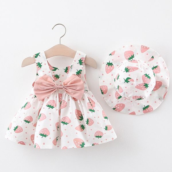 

summer kids clothes 0-2t girls princess dress children baby straped spaghetti backless printed strawberry bow dress vestidos hat, White