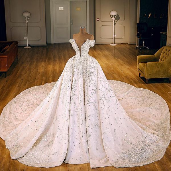 

beaded crystals ball gown wedding dresses 2020 real image off the shoulder sweep train formal bride wedding gowns custom made, White