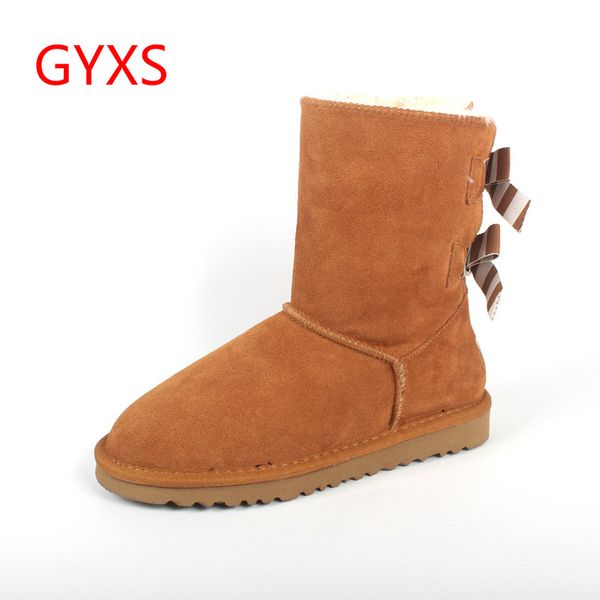 

2019 new gyxs color belt bow middle snow boots leather warm winter boots women, Black