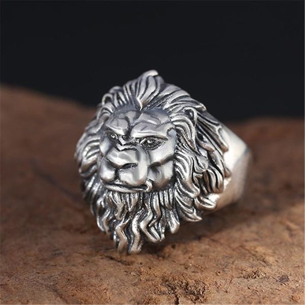 

silver 925 men's hand finger punk rock adjustable ring pure animal big super bowl large vintage retro lion split rings male, Golden;silver
