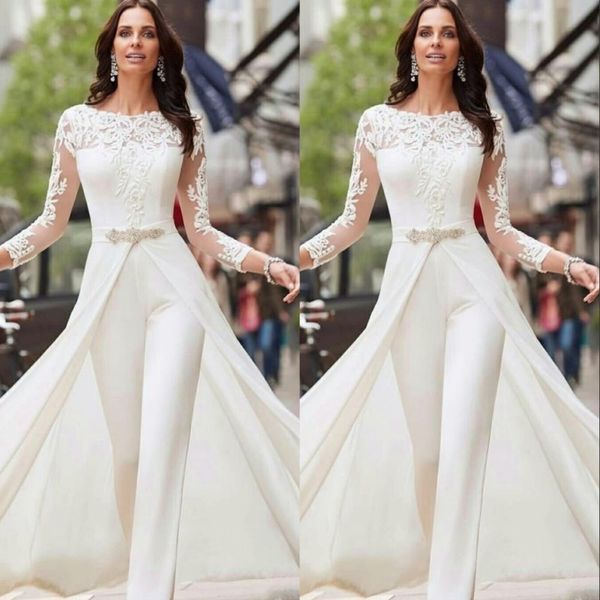 Tute bianche Pantaloni Abiti da sposa a maniche lunghe Pizzo in raso con gonne oversize Perline Cristalli Abiti da sposa taglie forti Vestidos De Novia