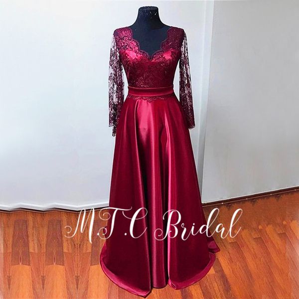 

long sleeve burgundy evening dress real ps 2019 v neck a line backless formal occasion women dresses vestido de festa cheap, White;black
