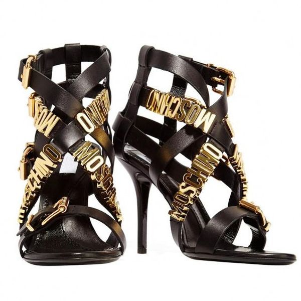 

gold letter cut out gladiators women stiletto heel peep toe summer sandals evening party pumps feminino high qulity, Black