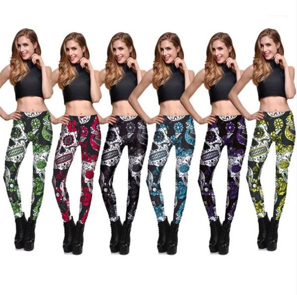 

leggings women slim mid waist skinny trousers plus size woman stretch pants multi color skull printed, Black;white