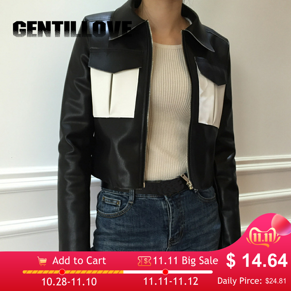 

fashion panelled color pu faux leather jacket women classic moto biker jacket black white autumn lady basic coat outerwear