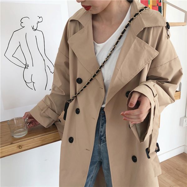 

korean style trench coat femme loose long double breasted women's windbreakers autumn turn-down collar long sleeve feminine coat, Tan;black