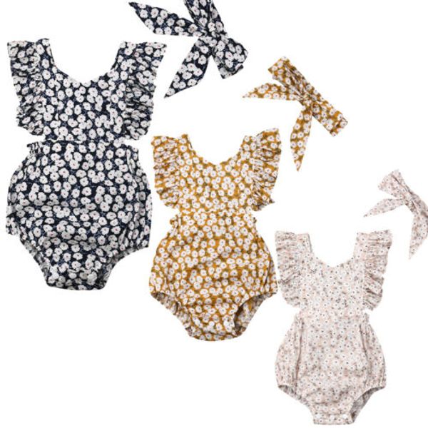 

baby romper 2020 new newborn infant girls vintage flower rompers summer jumpsuit playsuit headband 2pcs baby girl clothes, Pink;blue