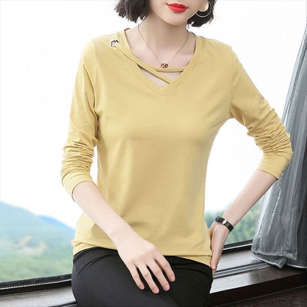 

2020 осень верхней t- свободной рубашки v-образный вырез женщин с длинным рукавом женской большого размером сплошного цвета базовой рубашкой, White