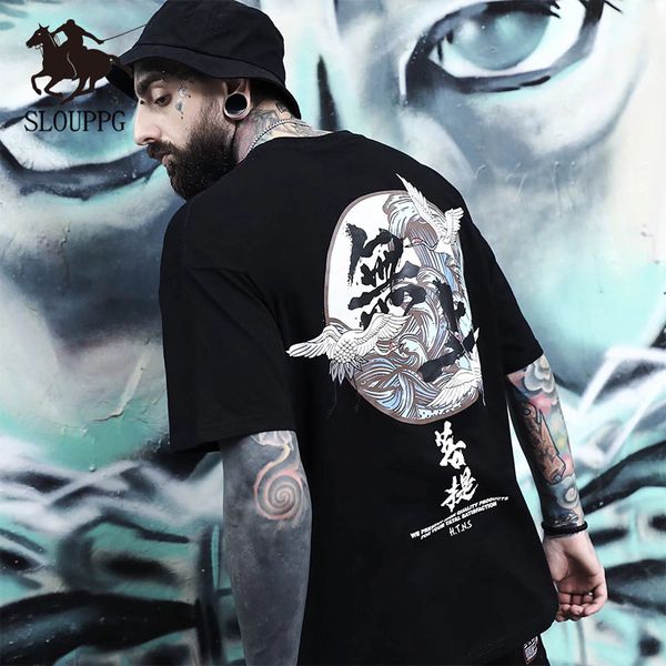 

slouppg 2019 mens t-shirt fashion loose five-point sleeve men bf student print chinese style short-sleeved tees cool men's wear, White;black