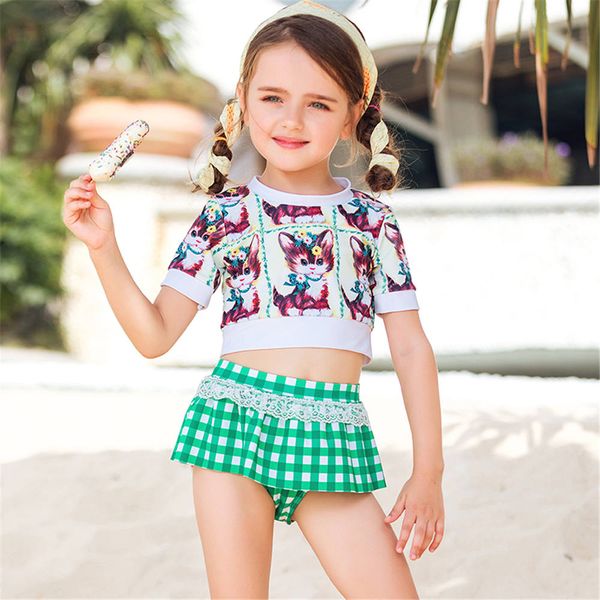 

short sleeve two piece swimsuit girls animal print children swimwear kids skirt swimsuit child cat bathing suit high neck bikini