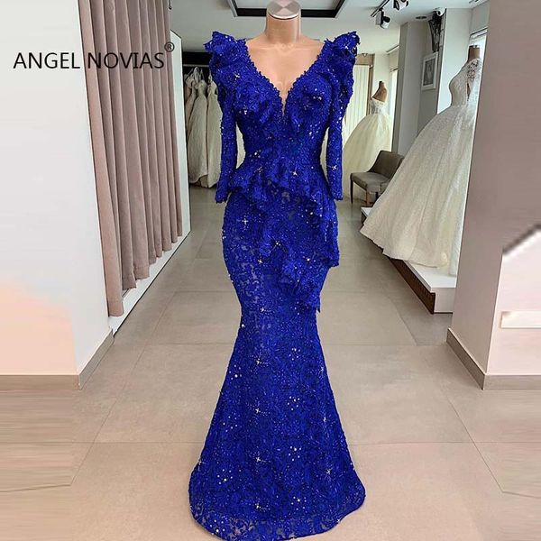 

long sleeves royal blue v neck abendkleider mermaid arabic lace evening dress 2019 moroccan formal vestido de festa longo, White;black