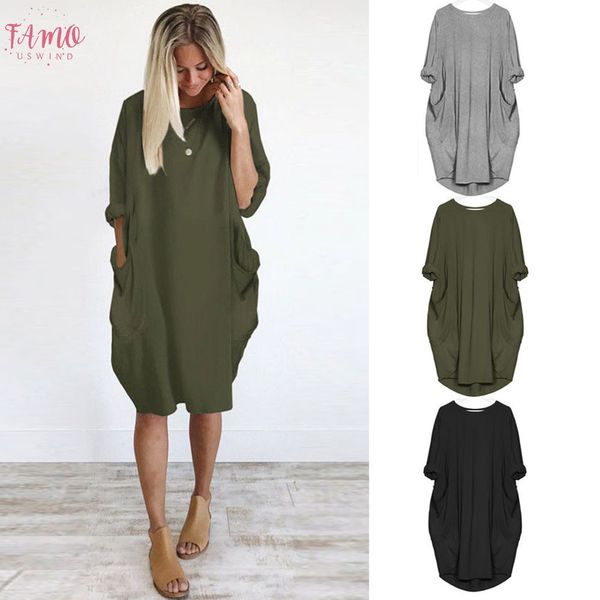 

womens pocket loose dress ladies crew neck casual long dress plus size vestidos verano 2019 beach sundress summer, Black;gray