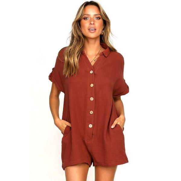 

womens new fashion pure color shorts jumpsuits loose button one piece trousers fashion casual apparel, Black;white