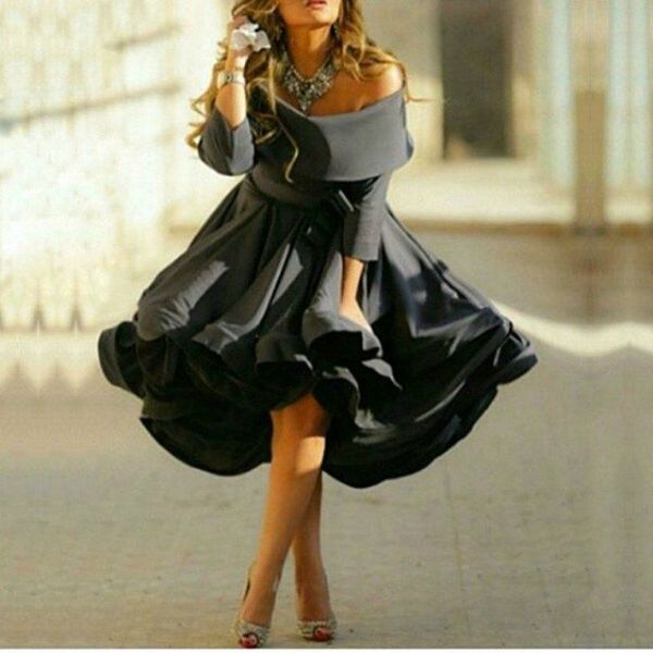 2020 Новый черный от плеча короткие выпускные платья атлас 3 4 длинные рукава формальные платья Женские вечерние платья169Q