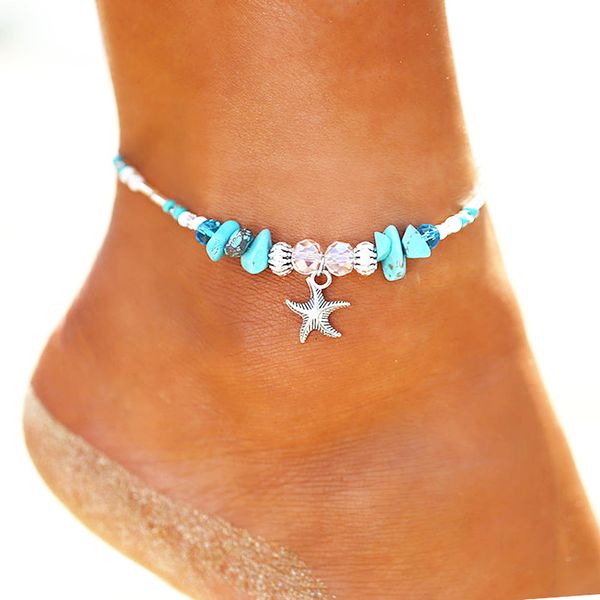 

new style foot chain alloy starfish crystal natural irregular turquoise beaded bracelet anklet show frame accessories, Red;blue