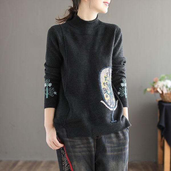 

autumn winter sweater women knitting loose retro pullovers 2019 new ladies o-neck print casual all-match sweater, White;black