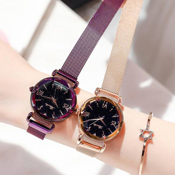 

luxury rose gold women watches minimalism starry sky magnet buckle fashion casual female wristwatch waterproof roman numeral, Slivery;brown