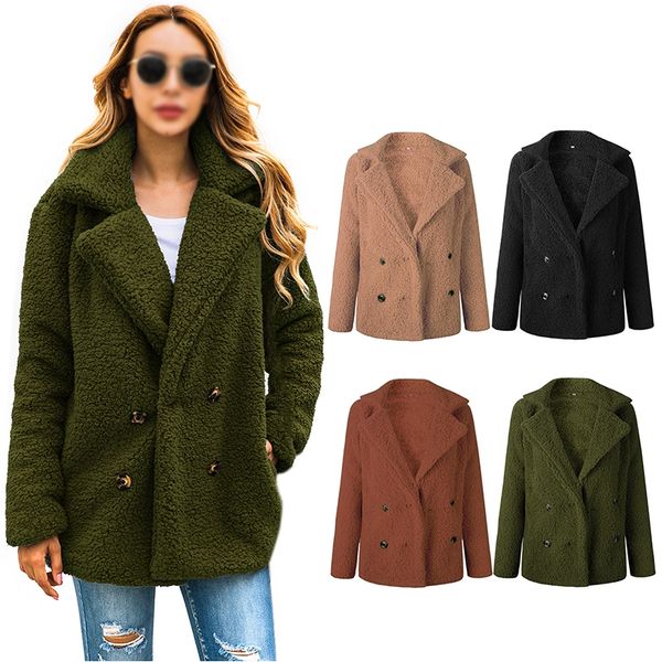 

fashionable button-down warm coat with long sleeve pocket casual lapel coat women jackets hoodies faux plush solid elegant gm, Black