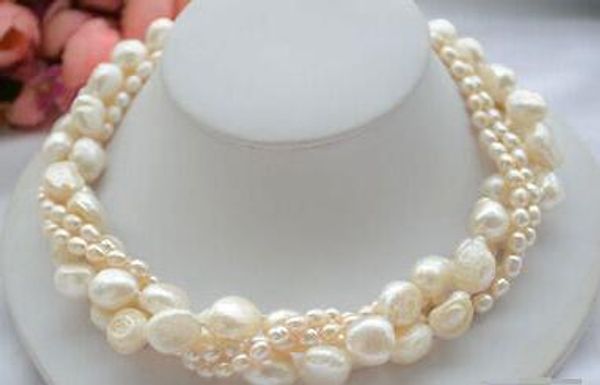 

cb74 beautiful 4row 17" 12mm white baroque rice freshwater pearl necklace, Silver