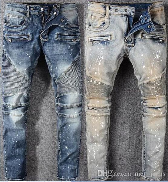 

fashion trousers mens stretch slim simple joker comfort jeans stitching pleats paint point pants designer brand apparel, Blue