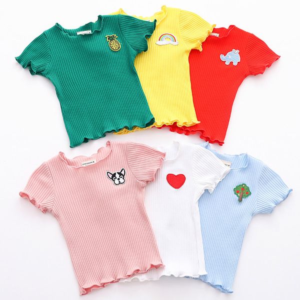 

хлопок новый дети девочки с коротким рукавом ребра футболки малыш летняя волна кромки одежды наряд вышивка рубашка 1-6y, Blue