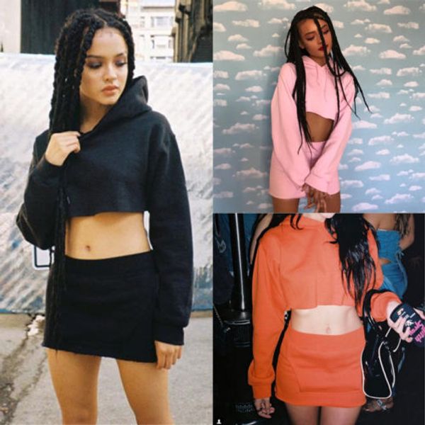 

2pcs women tracksuit hooded sweatshirt crop pocket pencil skirt sets ladies autumn winter hoodie wear casual suit, White
