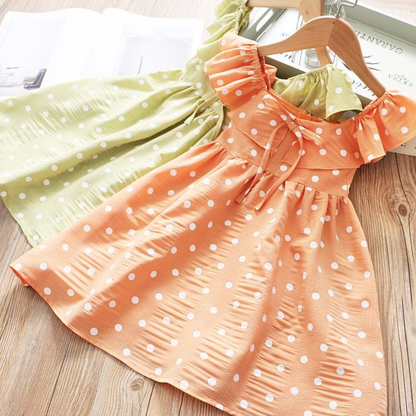 

girls chiffon polka dot summer beach dress low collar pleated princess dress, Red;yellow