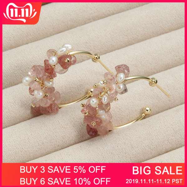 

hoop earrings jewelry strawberry crystal green natural stone baroque freshwater pearl earrings for women gift fashion new 2019, Golden;silver