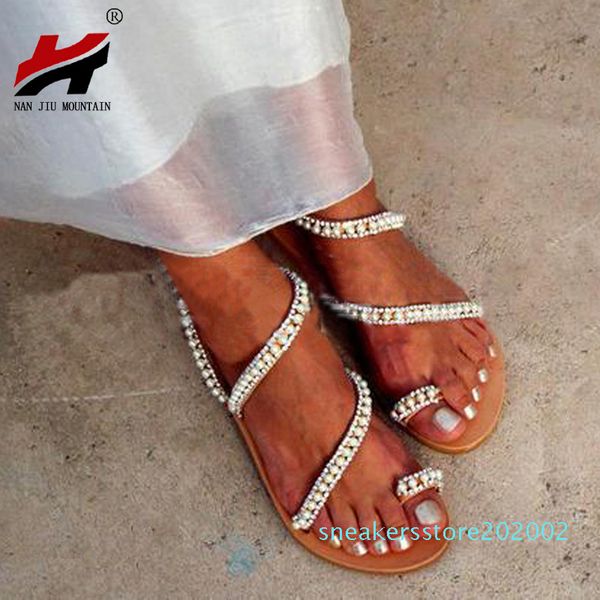 

nan jiu mountain 2019 flat summer sandals pearl sandals handmade beaded toe wedding simple plus size 34-43 s02, Black