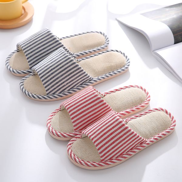 

vertical and fine striped indoor furniture wood flooring spring and summer linen slippers male female lovers non-slip cool, Black