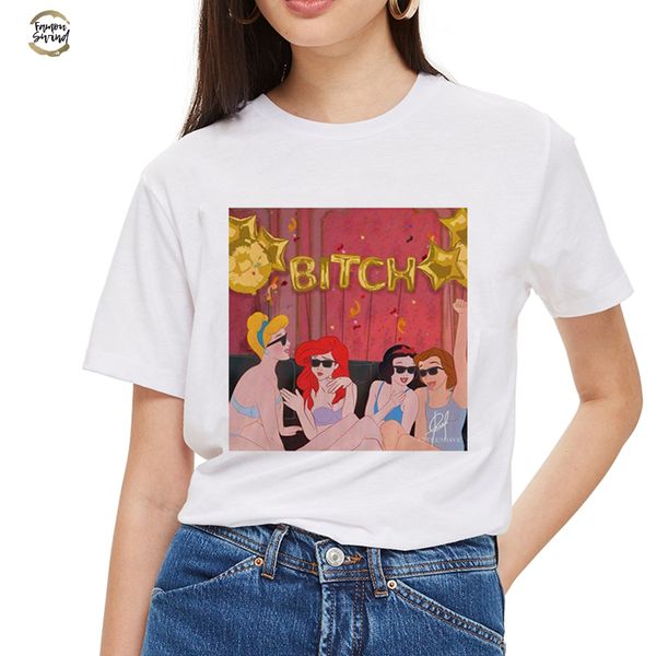 

смешные дамы harajuku футболка spoof cap рукавом принцессы хлопок o шеи bitch punk t shirt печать повседневная короткие рукава женщины tshir, White