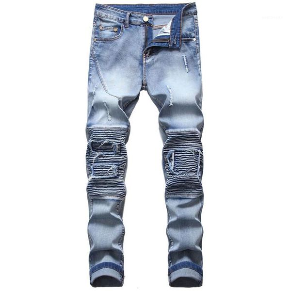 

style fashion homme clothing srtaight button fly new autumn casual apparel mens distrressed designer jeans hole, Blue