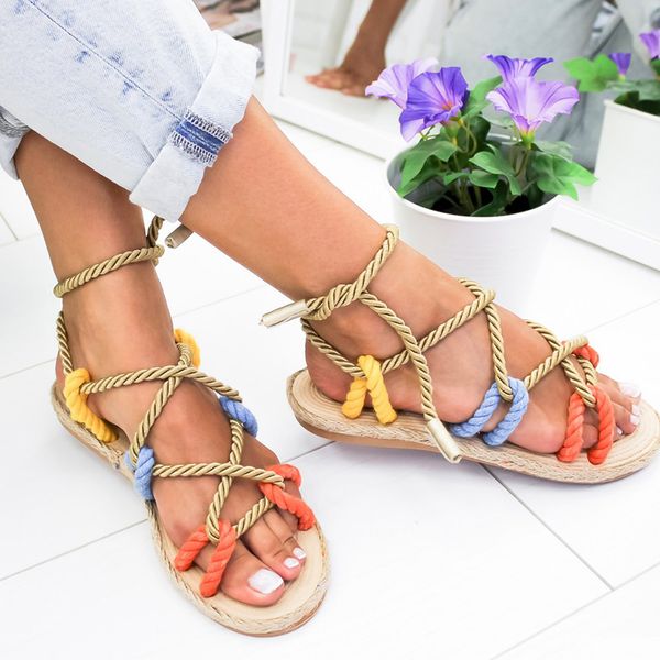 

2019 summer women sandals fashion shoes flat sandals rope lace up casual gladiator non-slip beach shoes for female, Black