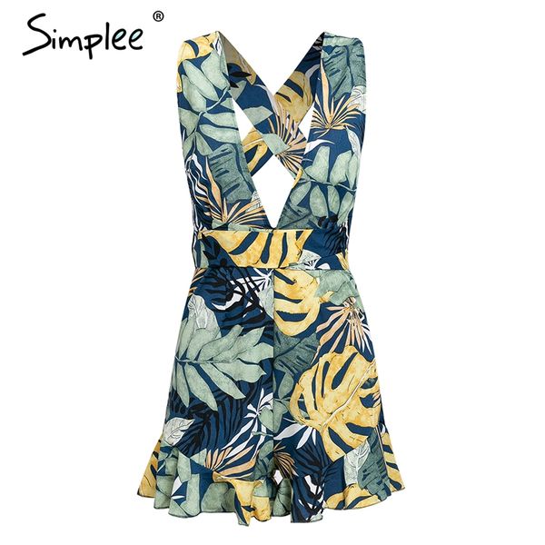 

simplee deep v-neck bohemian leaf print women playsuit summer beach holiday ladies jumpsuit romper backless sashes overalls, Black;white