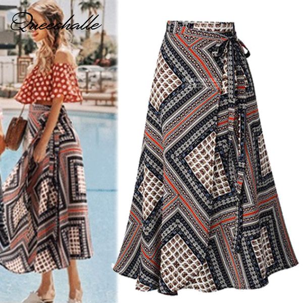 

skirts m - 5xl summer women lace up fashion high waist loose long wrap skirt ladies vintage print beach style female, Black