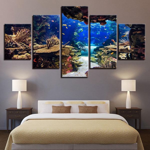 

canvas wall art pictures home decor room 5 pieces underwater sea fish coral reefs paintings hd prints seascape posters(no frame)
