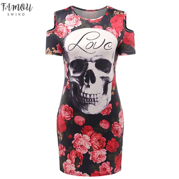 

new women's summer mini dress o-neck short-sleeved strapless bag hip print skulls rose print street trend party dress, Black;gray
