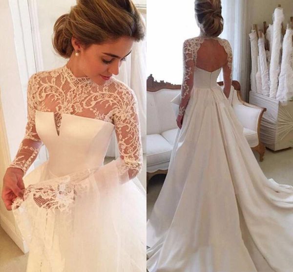 

2020 vintage high neck a-line satin wedding dresses illusion long sleeves dress lace court train open back bridal gowns robe de mariage, White