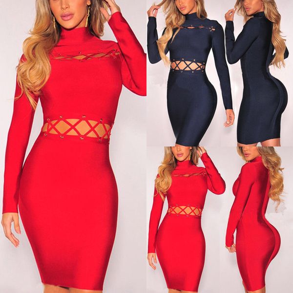 

women choker high neck bodycon ladies long sleeves midi dress bandage hollow out long sleeves dress size 6-18, Black;gray