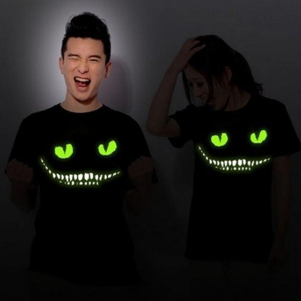 

black noctilucent print dark devil cheshire cat night light short sleeve mens womens novelty funny luminous t shirt summer clothing casual, White;black