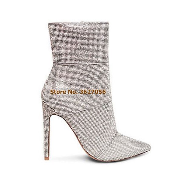 

women high end silver bling bling crystal ankle boots stiletto heels pointed toe glitter wedding shoes dress boots shining pumps, Black