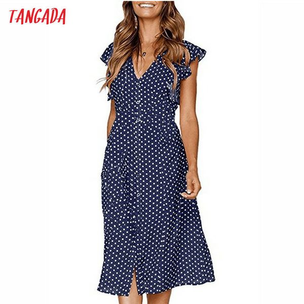 

tangada polka dot dress for women office midi dress 80s 2019 vintage cute a-line dress red blue ruffle sleeve vestidos aon08, Black;gray