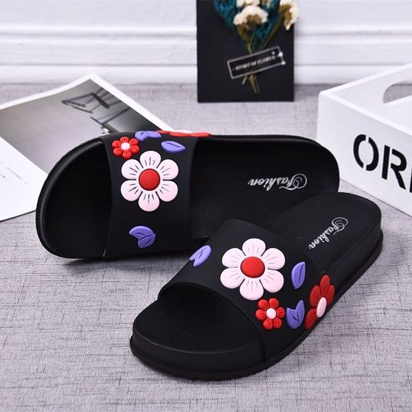 

fashion 2019 women summer slippers lovely ladies casual slip on beach flip flops slides woman indoor shoes flower tux3, Black