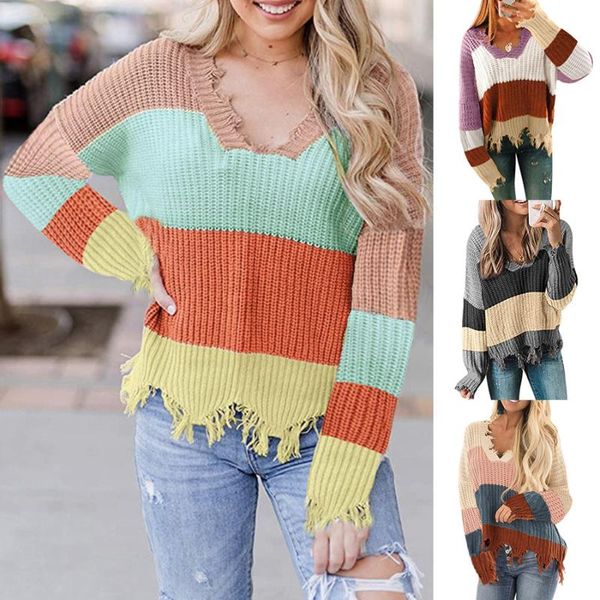 

autumn and winter hole sweater women casual v-neck striped colorblock pullovers sweaters&jumpers, White;black