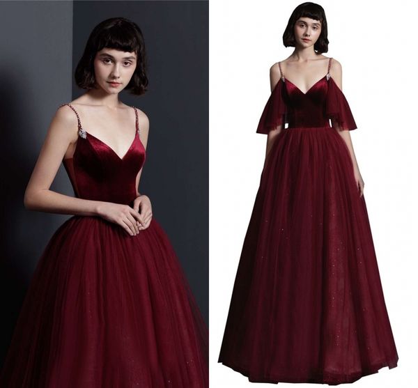 

elegant off the shoulder straps evening dresses a-line tulle beading burgundy prom party dress robe soiree 2020, Black;red