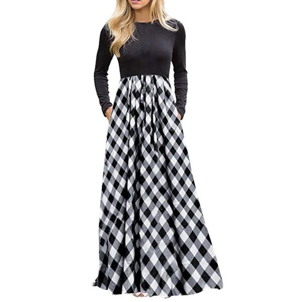 

women's plaid dress ladies casual long sleeve empire waist full length maxi dress with pockets vestidos verano 2020 new #lr4, Black;gray
