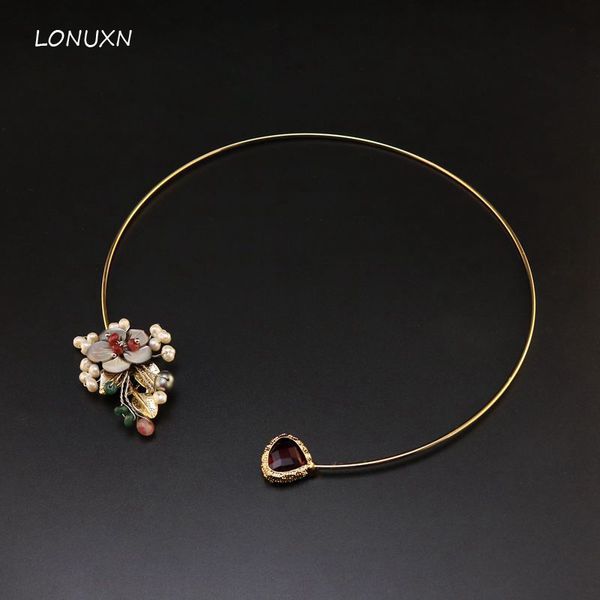 

elegant fashion retro rose pink chokers necklace natural shell freshwater pearl flowers leaves shape female jewelry, Golden;silver