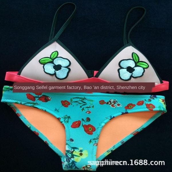 

embroidered cup printed pants split neoprene diving fabric swimsuit customized bikini swimsuit bikini, White;black